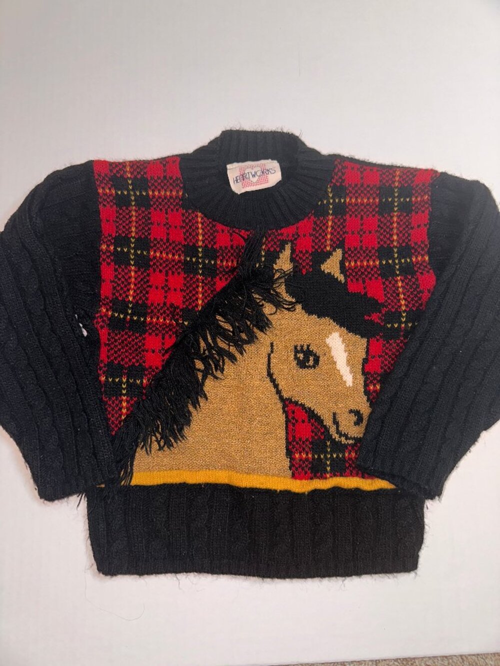 Vintage Girls Heartworks Small (4) black & red plaid Horse Sweater Yarn Mane 729